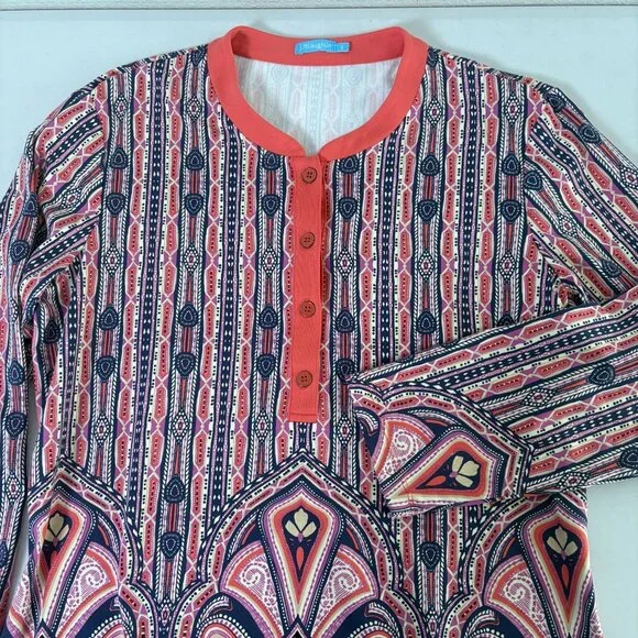 J McLaughlin Tunic Top Size S Coral Navy Paisley 3/4 Sleeve Catalina Cloth - Picture 5 of 12